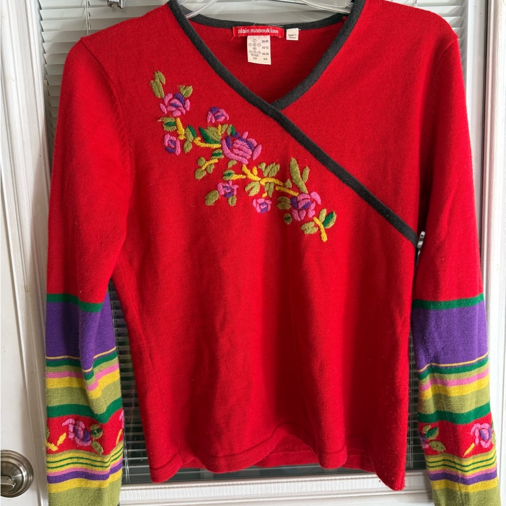 Red V-Neck Sweater with Purple Floral Embroidery by Alain Manoukian Vintage